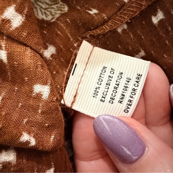 Anthropologie style Womens Brown Floral Ruffle Blouse S Cotton Swiss Dot Pintuck - Picture 10 of 14